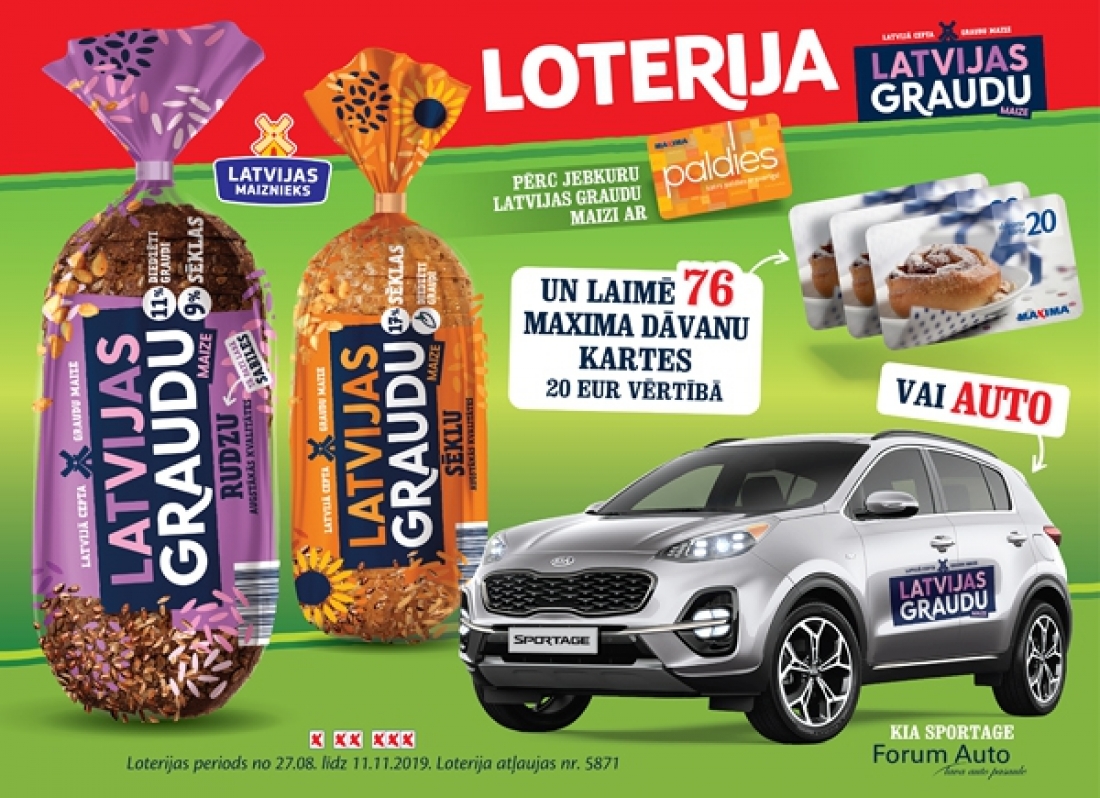 LATVIJAS GRAUDU maizes loterija - pērc ar Paldies karti un laimē automašīnu KIA SPORTAGE
